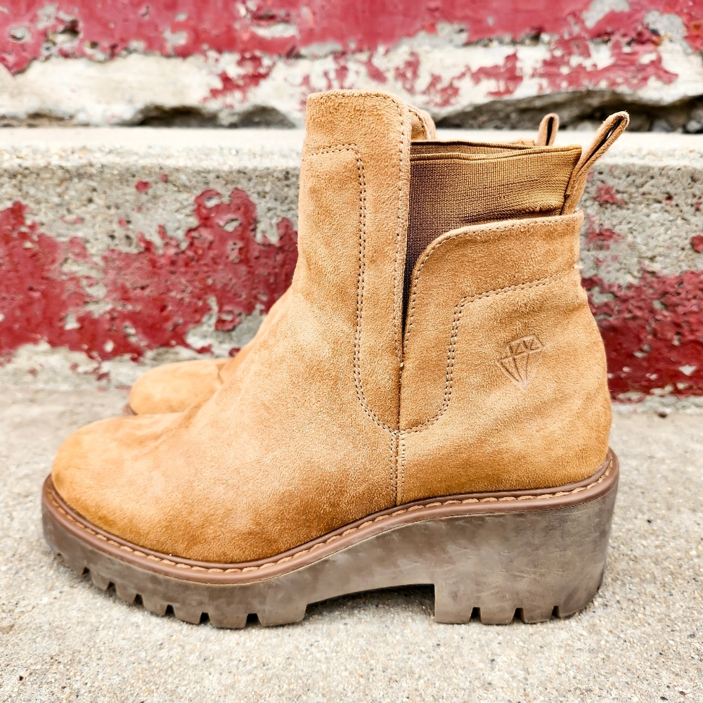 Rock & Candy Tan Suede Ankle Boots Womens 6 Chunky Lug Sole Platform Booties